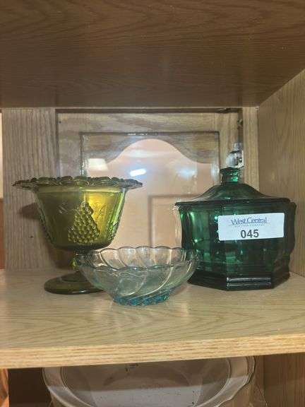Assorted Glassware: Green Lidded Jar, Green Footed Bowl, and Small Glass Bowl image