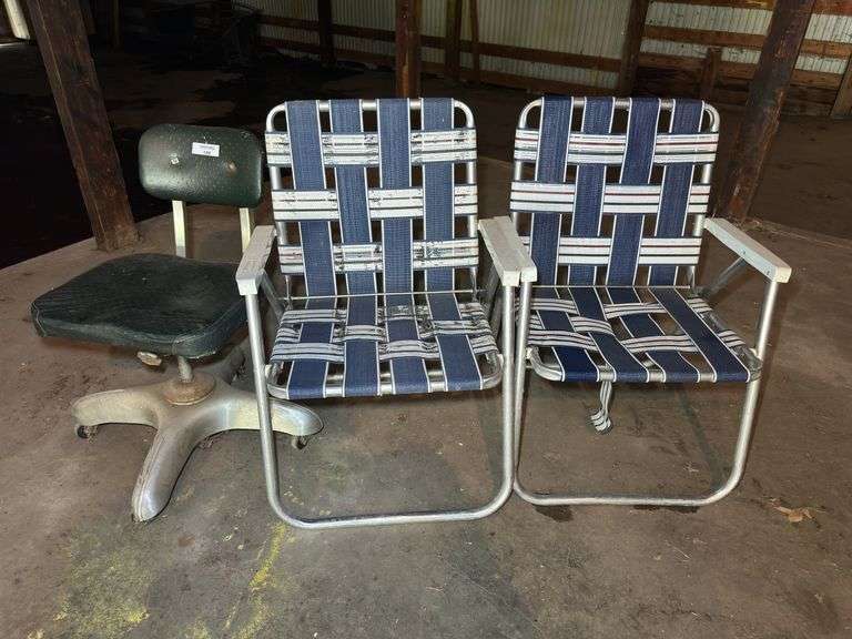 Lot of Two Aluminum Frame Webbed Lawn Chairs and Swivel Shop Stool image