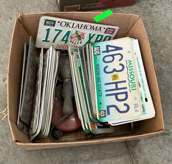 Box Lot of Various State License Plates and Tools image