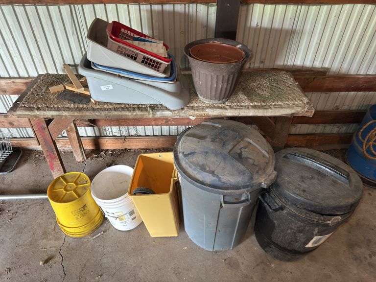Mixed Lot of Buckets, Totes, Trash Cans, and Flower Pots