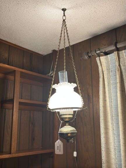 Vintage Hanging Oil Lamp with Hobnail Glass Shade image