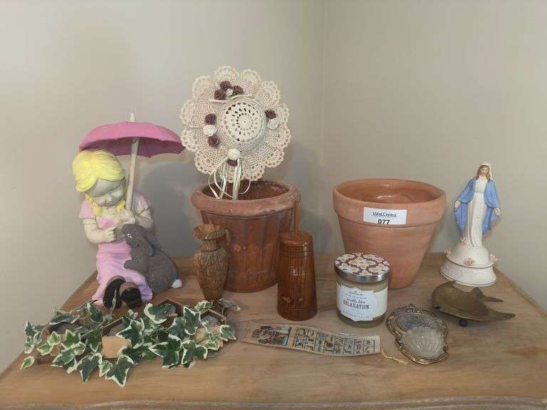 Eclectic Assortment: Figurine, Candle, Flower Pots, and More image