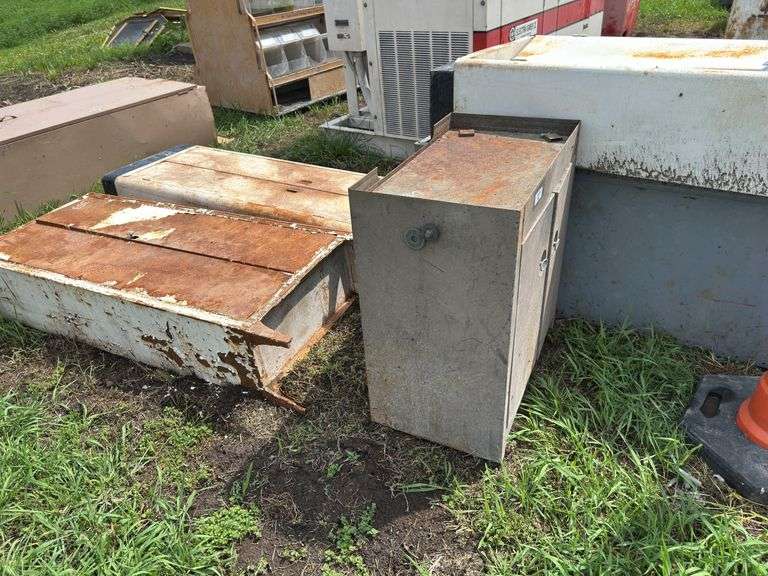 Assorted Metal Storage Boxes and Traffic Cones