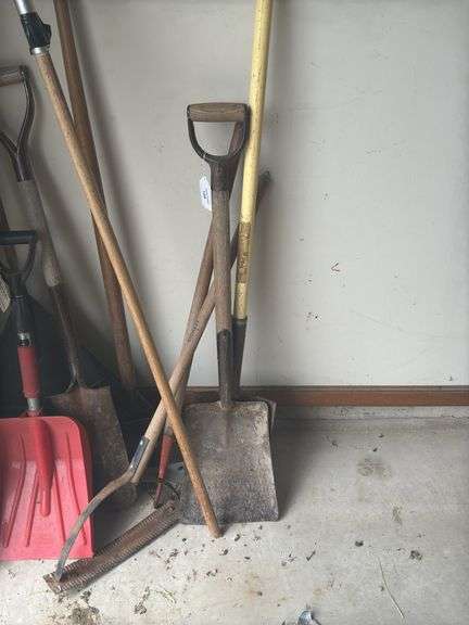 Assorted Shovels, Rakes, and Garden Tools