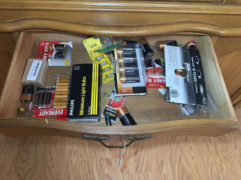 Drawer Lot: Assorted Batteries and Miniature Light Bulbs image