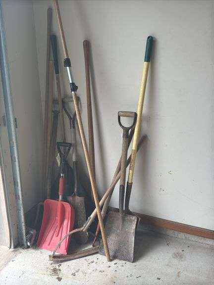 Assorted Shovels, Rakes, and Garden Tools image