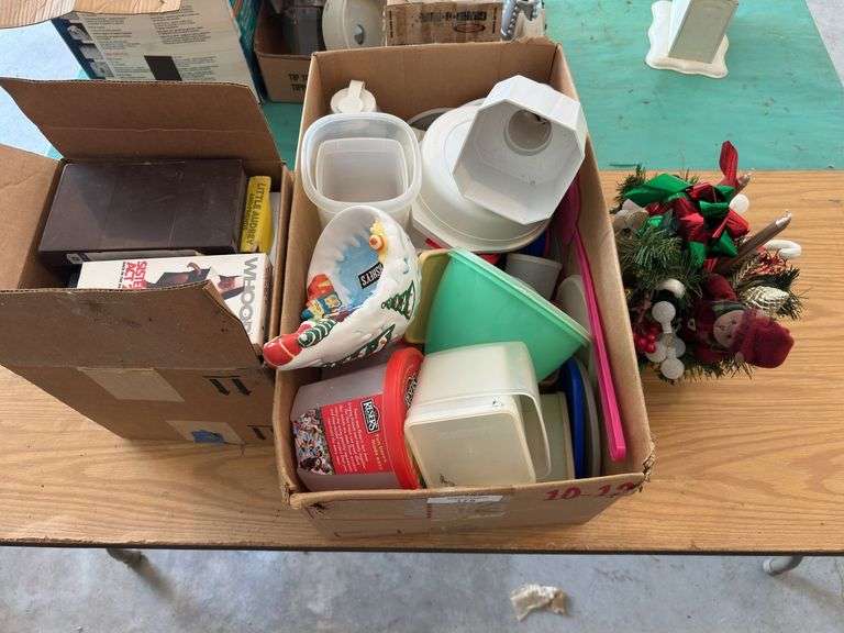 Boxes of Household Items, Christmas Decoration, and VHS Tapes image