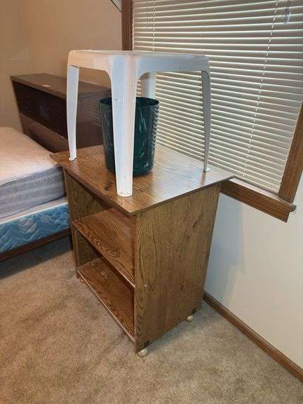 End Table with Shelf, Plastic Stool, and Planter