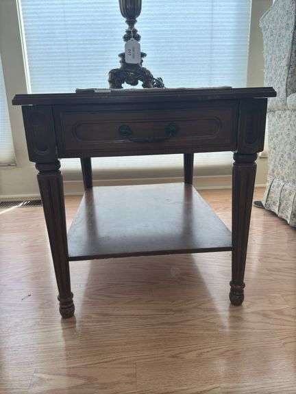Dark Wood Side Table with Drawer and Shelf image