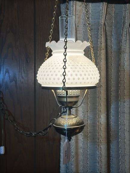 Vintage Hanging Oil Lamp with Hobnail Glass Shade