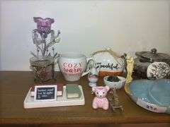 Shelf of Various Decorative Items and Fire King Dish