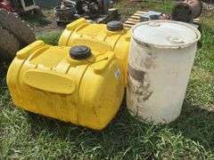 Two 60 Gallon Yellow Ace Roto-Mold Sprayer Tanks and One Plastic Barrel
