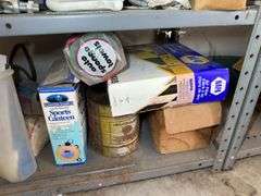 Shelf Lot with Fishing Lures, Automotive Supplies, and Household Items