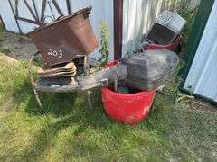 Metal Bucket, Tractor Seats, Chair, and Chainsaws