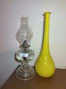 Clear Glass Oil Lamp and Yellow Glass Vase