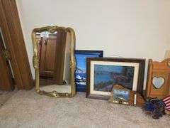 Assorted Framed Prints, Gold Mirror, and Wood Shelf