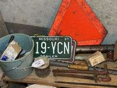 Shop Lot: Light, Trailer Sign, Tools, and Hardware