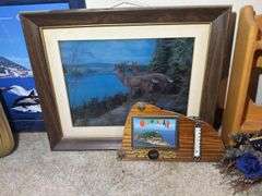 Assorted Framed Prints, Gold Mirror, and Wood Shelf