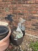 Garden Decor Lot: Flower Pots, Sun Face, and Metal Girl Statue