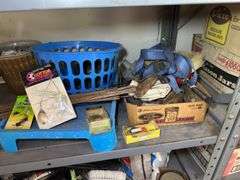 Shelf Lot with Fishing Lures, Automotive Supplies, and Household Items
