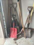 Assorted Shovels, Rakes, and Garden Tools