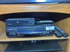 Panasonic PV-8450 VCR, Magnavox DVD Player, and Remotes