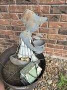 Garden Decor Lot: Flower Pots, Sun Face, and Metal Girl Statue