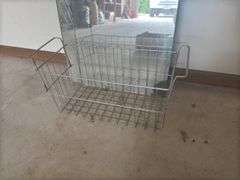 Frameless Standing Mirror with Grapes Box, Metal Basket, and Contents of a Green Box
