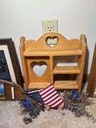 Assorted Framed Prints, Gold Mirror, and Wood Shelf
