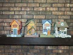 Set of Four Handcrafted Wooden Birdfeeder Miniature Buildings