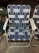 Lot of Two Aluminum Frame Webbed Lawn Chairs and Swivel Shop Stool