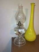 Clear Glass Oil Lamp and Yellow Glass Vase