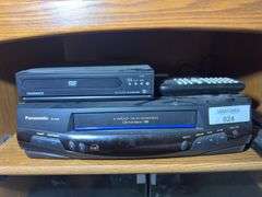 Panasonic PV-8450 VCR, Magnavox DVD Player, and Remotes
