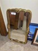 Assorted Framed Prints, Gold Mirror, and Wood Shelf