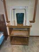 End Table with Shelf, Plastic Stool, and Planter