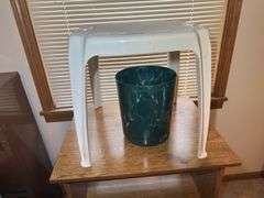 End Table with Shelf, Plastic Stool, and Planter
