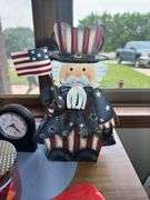 Mixed Collection: Uncle Sam Figure, Ford Mustang, Clock, Candle, and Figurine