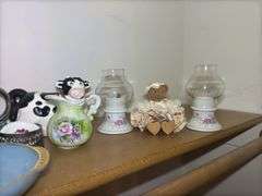Shelf of Various Decorative Items and Fire King Dish