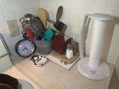 Assorted Kitchen Utensils, Salt & Pepper Shakers, Sharp Clock, and More