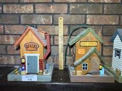 Set of Four Handcrafted Wooden Birdfeeder Miniature Buildings