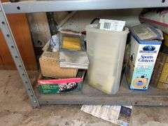 Shelf Lot with Fishing Lures, Automotive Supplies, and Household Items