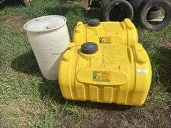 Two 60 Gallon Yellow Ace Roto-Mold Sprayer Tanks and One Plastic Barrel