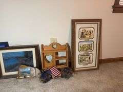 Assorted Framed Prints, Gold Mirror, and Wood Shelf
