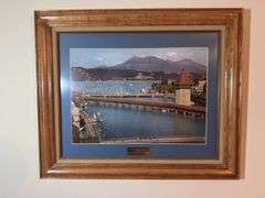 Assorted Framed Prints, Gold Mirror, and Wood Shelf