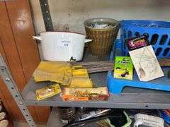 Shelf Lot with Fishing Lures, Automotive Supplies, and Household Items