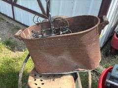 Metal Bucket, Tractor Seats, Chair, and Chainsaws