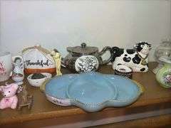 Shelf of Various Decorative Items and Fire King Dish