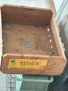Frameless Standing Mirror with Grapes Box, Metal Basket, and Contents of a Green Box