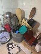 Assorted Kitchen Utensils, Salt & Pepper Shakers, Sharp Clock, and More