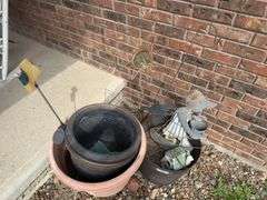 Garden Decor Lot: Flower Pots, Sun Face, and Metal Girl Statue